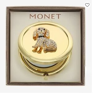 🆕MONET Crystal Dog Embellished Gold Compact Mirror